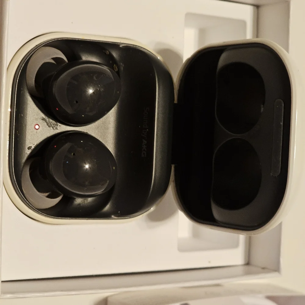 Samsung Galaxy Buds2, black in a white case.